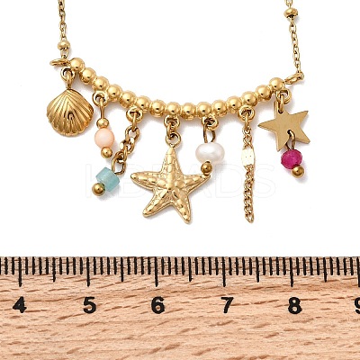 304 Stainless Steel Starfish Shell Shape Pendant Bib Necklaces for Women NJEW-K255-58G-1