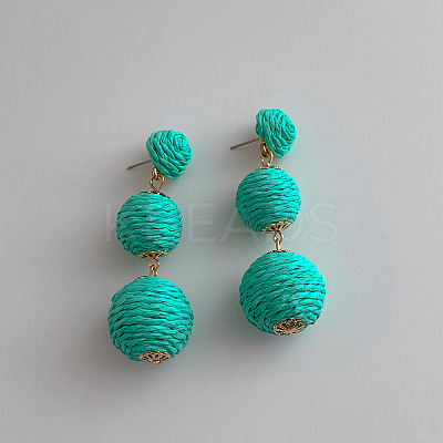 Alloy Raffia Round Beaded Dangle Stud Earrings FS-WG4318B-02-1