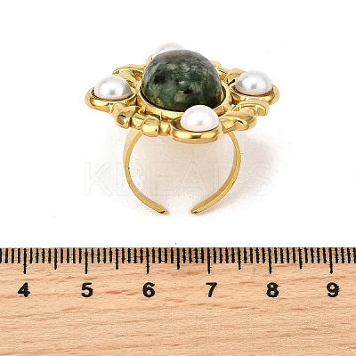 304 Stainless Steel with Natural Gemstone and Plastic Imitation Pearl Adjustable Cuff Rings for Women LS-RJEW-Z096-02G-02-1