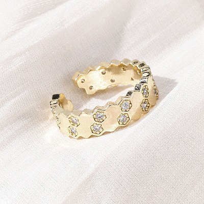Brass Micro Pave Clear Cubic Zirconia Cuff Rings for Women RJEW-S398-02G-1
