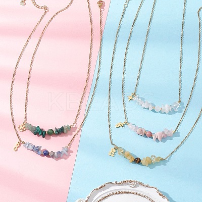 Natural Mixed Gemstone Chip and Round Beaded Pendant 304 Stainless Steel Cable Chain Necklaces for Women NJEW-JN05741-1