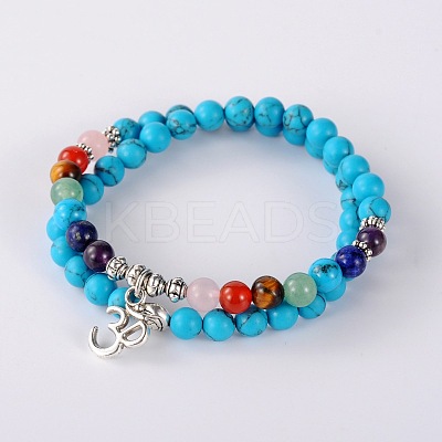 Trendy Synthetic Turquoise(Dyed) Beads Stretch 2-Loops Bracelets BJEW-JB01728-02-1