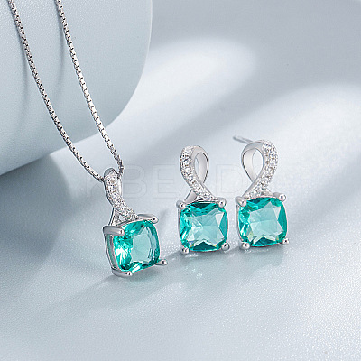 Square Rhodium Plated 925 Sterling Silver Pave Cubic Zirconia Pendant Necklaces & Stud Earrings Sets for Women WG8F2D6-02-1