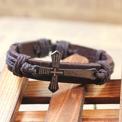 Adjustable Cross with Word Iron Braided Leather Cord Bracelets BJEW-P0001-02A-1