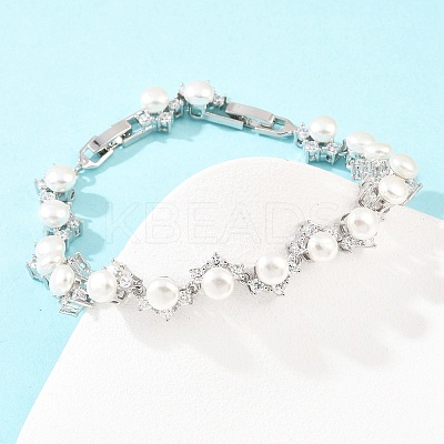 Platinum Tone Brass Micro Pave Cubic Zirconia & Plastic Pearl Tennis Bracelets BJEW-B160-16P-1