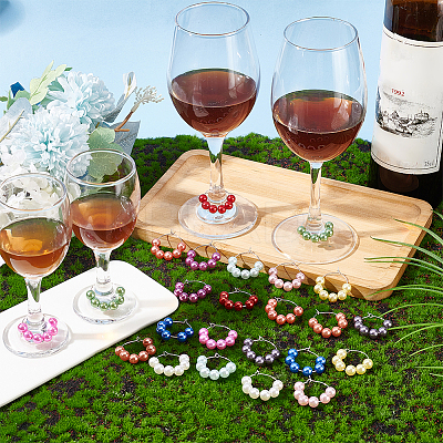 24Pcs 12 Color Acrylic Imitation Pearl Round Beaded Wine Glass Charms AJEW-AB00058-1