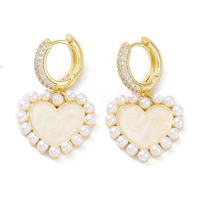 Heart Rack Plating Brass Cubic Zirconia Hoop Earrings with Plastic Pearl Beads EJEW-K245-06G-1