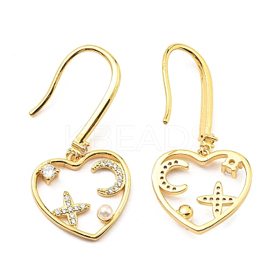 Cubic Zirconia Heart with Star Dangle Earrings with Plastic Pearl Beaded KK-C026-15G-1
