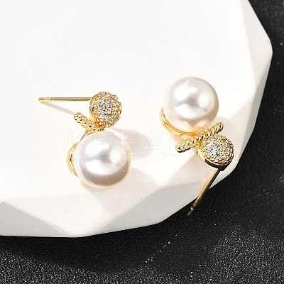 Round Brass Micro Pave Clear Cubic Zirconia Stud Earrings EJEW-A135-25G-1