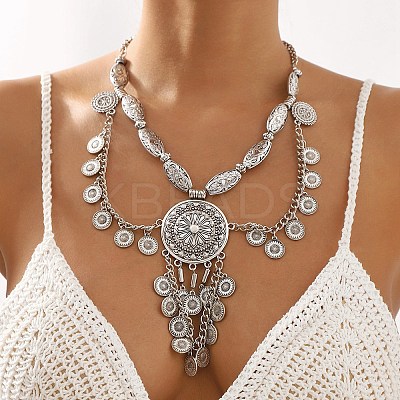 Tibetan Style Alloy Flat Round Bib Necklaces NJEW-L046-04AS-1