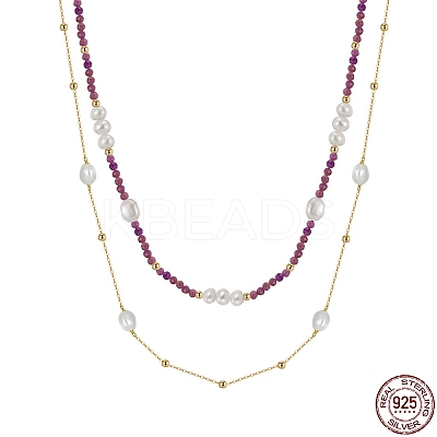 Natural Lepidolite & Pearl Beaded Double Layer Necklaces NJEW-G121-01G-1