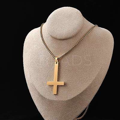 304 Stainless Steel Christian Upside Down Cross Pendant Box Chain Necklaces NJEW-NH0001-07G-1