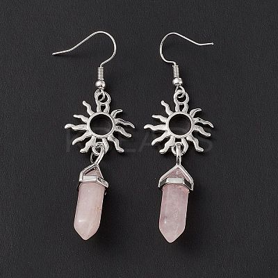 Natural Rose Quartz Bullet with Sun Dangle Earrings EJEW-I276-01P-19-1
