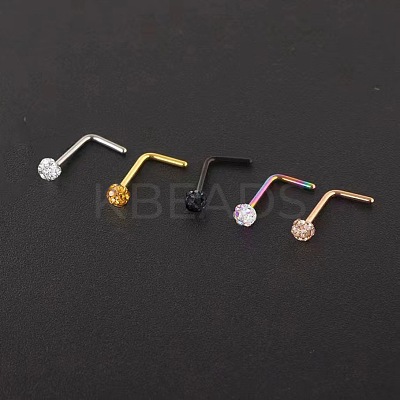 304 Stainless Steel Rhinestone Round Ball L-Shaped Nose Rings WGE5A2F-11-1