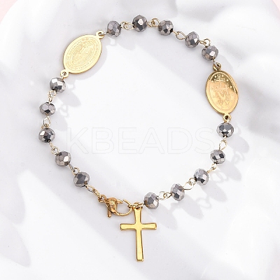 201 Stainless Steel & Electroplated Glass  Miraculous Medal Virgin Cross Charm Bracelets BJEW-B078-163G-1