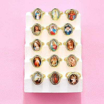 Jesus & Virgin Mary Theme Brass Micro Pave Clear Cubic Zirconia Cuff Rings for Women KK-D343-15G-1