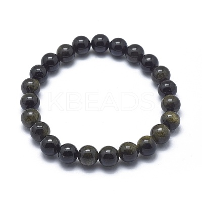 Natural Golden Sheen Obsidian Bead Stretch Bracelets X-BJEW-K212-A-020-1