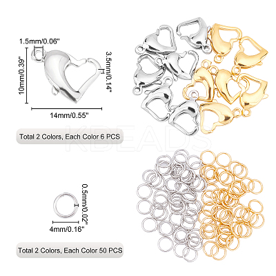112Pcs 4 Style 304 Stainless Steel Heart Lobster Claw Clasps and Open Jump Rings STAS-DC0001-14-1