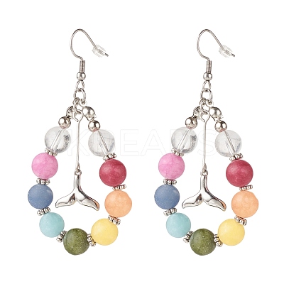 Natural Mixed Gemstone Braided Teardrop Dangle Earrings with Brass Whale Tail Charms EJEW-JE04951-02-1