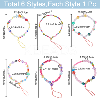 6Pcs 6 Styles Handmade Polymer Clay & Plastic Beaded Mobile Straps HJEW-GF0001-43-1