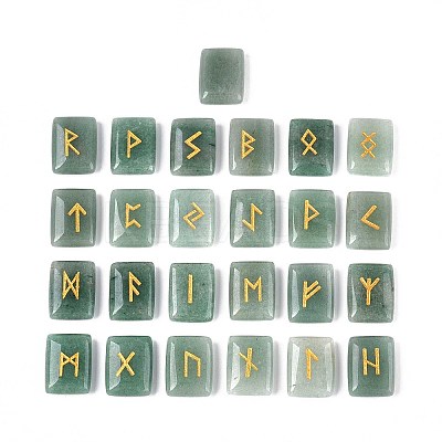 25Pcs Rectangle Natural Green Aventurine Rune Stones with Elder Futhark Alphabet Engraved G-T142-36-1