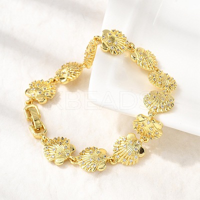 Summer Beach Brass Micro Pave Clear Cubic Zirconia Shell Shape Link Chain Bracelets BJEW-C118-02B-G-1