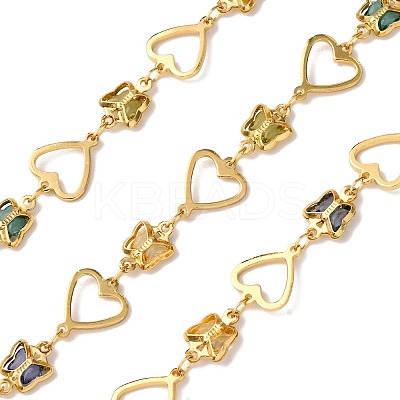 Brass Heart with Butterfly Link Chains with Glass KK-D422-12G-1