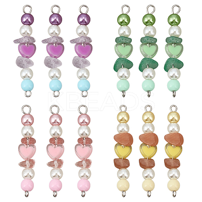 Natural Green Aventurine & Natural Sunstone & Natural Ametrine & Cherry Quartz Glass Chip & Acrylic Heart & Imitation Round Pearl Beaded Connector Charms PALLOY-GO00061-1