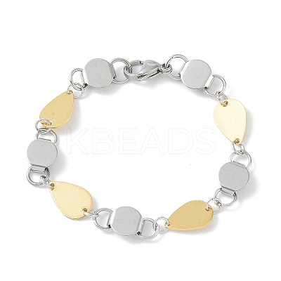 201 Stainless Steel Flat Round & Teardrop Link Chain Bracelets for Women Men BJEW-I316-01PG-1