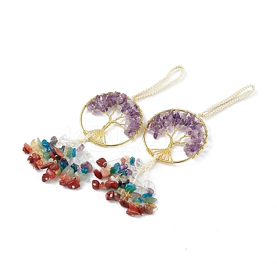 Natural Amethyst Tree of Life with Mixed Gemstone Chips Tassel Big Pendant Decorations HJEW-H057-03G-A06-1