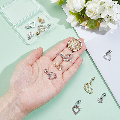 12Pcs 6 Styles Heart Brass & Alloy Rhinestone Pendant Decoration HJEW-DR00171-1
