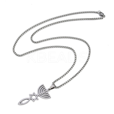 201 Stainless Steel Messianic Star of David Pendant Box Chain Necklaces NJEW-M010-03P-1