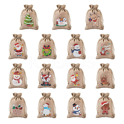 30Pcs 15 Styles Rectangle Jute Cloth Storage Pouches ABAG-KS0001-03-1
