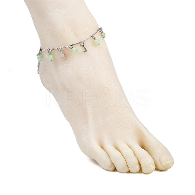 201 Stainless Steel Moon Star & Natural Dyed Malaysia Jade Round Charm Brass Bar Link Chain Anklets AJEW-AN00732-03-1