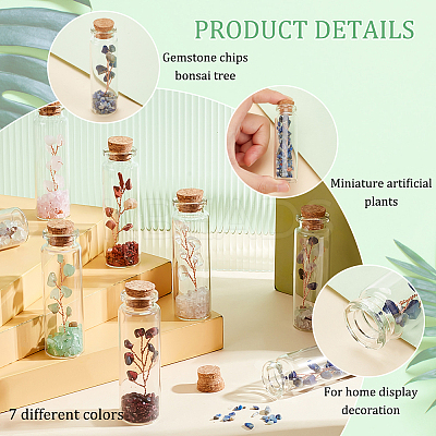 7Pcs 7 Style Natural Jade & Garnet & Lapis Lazuli & Quartz Crystal & Green Aventurine & Rose Quartz & Fluorite Chips Bonsai Tree in Column Glass Wish Bottles AJEW-OC0004-43-1