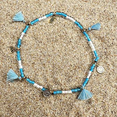 Bohemian Style Alloy Coin Charm Tassel Plastic Seed Beaded Stretch Anklets FS-WGB8A48-02-1