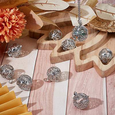 10Pcs Rack Plating Brass Cage Pendants KK-SC0005-90-1