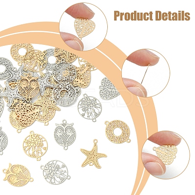 40Pcs 10 Styles Rack Plating Brass Hollow Out Connector Charms KKC-FS0001-03-1