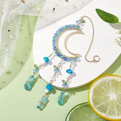 Glass Beads Wire Wrapped Brass Moon Pendant Decorations HJEW-TA00239-1