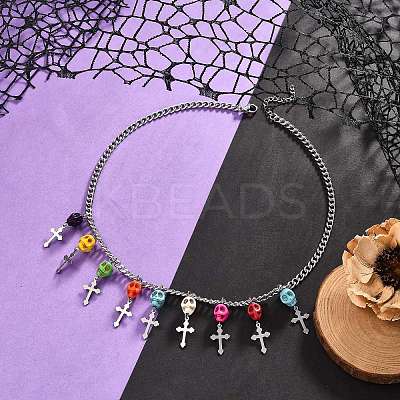 Dyed Synthetic Turquoise Skull with Cross Bib Necklace NJEW-TA00071-1
