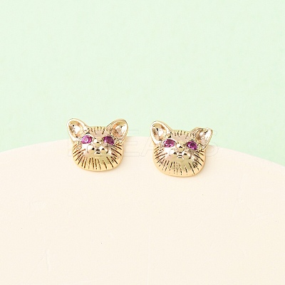 Cat Shape Brass Micro Pave Cubic Zirconia Stud Earrings EJEW-L278-11G-1