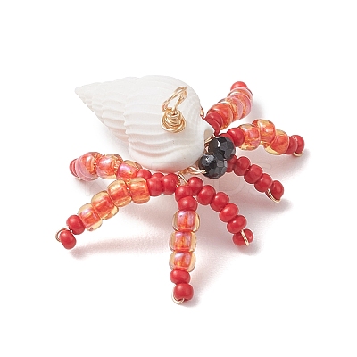 Natural Faceted Round Natural Black Spinel & Natural Trumpet Shell & Glass Seed Beaded Crab Pendants PALLOY-MZ01177-1