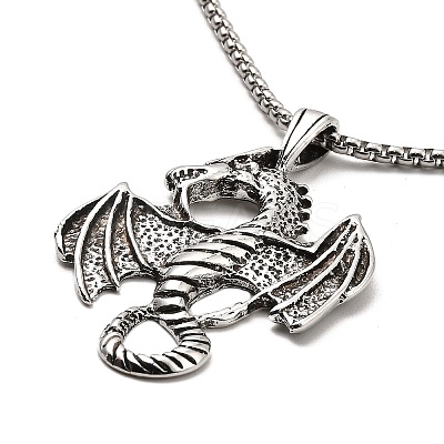 Alloy Dragon Pendant Necklace with 201 Stainless Steel Box Chains NJEW-D053-01AS-1