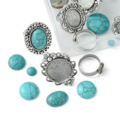 DIY Adjustable Oval/Half Round Synthetic Turquoise & Stainless Steel & Iron Finger Rings Making Kits DIY-FS0006-13-1