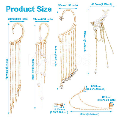 4Pcs Long Chain Tassel Drop Cuff Earrings with Imitation Pearl EJEW-KS0001-04-1