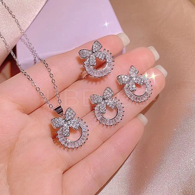 Bowknot & Ring Alloy Clear Cubic Zirconia Pendant Necklace & Stud Earring & Cuff Ring Sets FS-WG09EB0-01-1