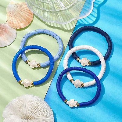 5Pcs 5 Colors Handmade Polymer Clay Disc Beaded Stretch Bracelets BJEW-JB10259-01-1