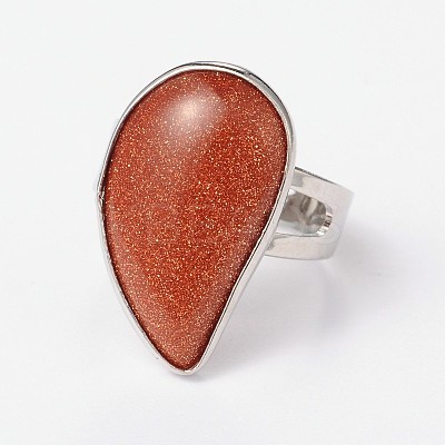 Adjustable Synthetic Goldstone & Platinum Brass Rings RJEW-N024-02A-1
