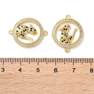 Rack Plating Brass Black Cubic Zirconia Flat Round with Leopard Connector Charms KK-C084-16G-1