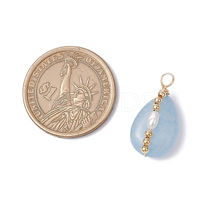 Copper Wire Wrapped Natural Aquamarine & Natural Cultured Freshwater Pearl Beads Pendants PALLOY-JF03645-05-1